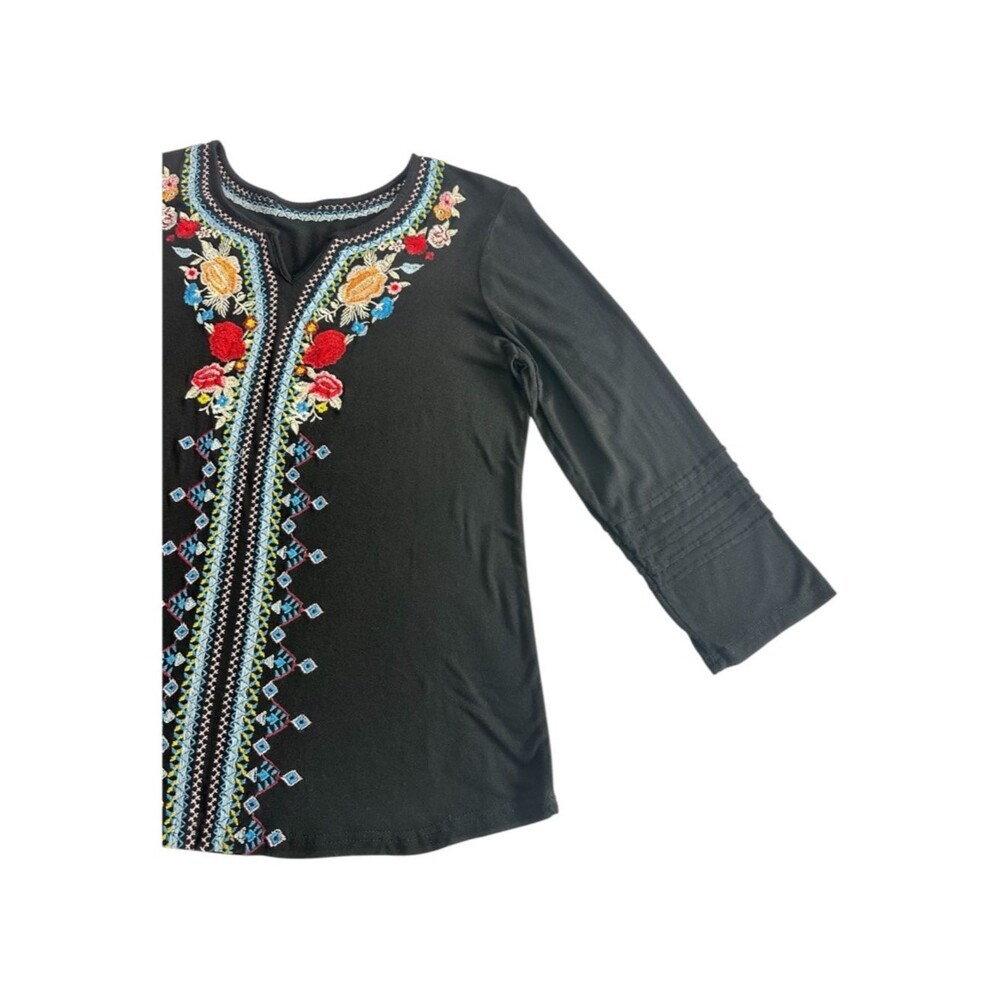 Embroidered Boho Top Black Floral Stitching Soft Stretch Blouse M - Picture 5 of 7